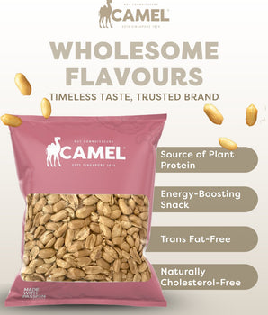 Camel brand packaging of roasted peanuts with product features listed on a white background