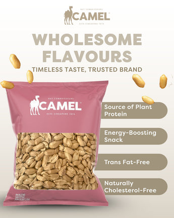 Camel brand packaging of roasted peanuts with product features listed on a white background