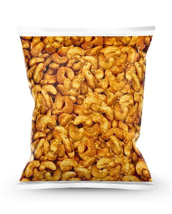 1 kg bag of satay flavored cashews by Camel Nuts on a white background.