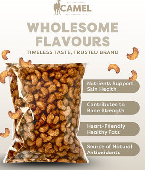 1kg Packaging of Camel nuts Satay Cashews with health benefits text on a light background