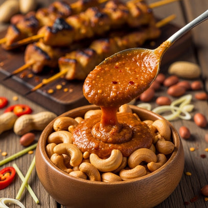 Camel Nuts Singapore satay flavoured nuts – Cashews served with rich satay sauce and skewers in background.