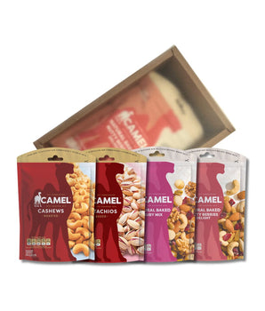 Camel brand snack box packages including cashews, pistachios, and trail mixes in a classy box.