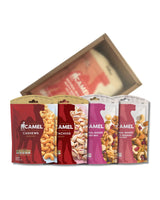 Camel brand snack box packages including cashews, pistachios, and trail mixes in a classy box.