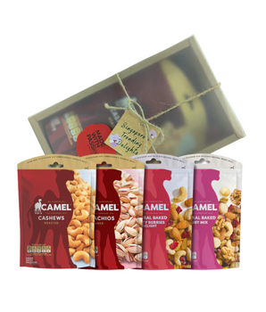 Camel Nuts cashews and trail mix packages with a decorative box on a white background