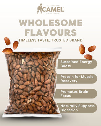 Bag of smoked almonds with Camel brand name and health benefits listed on a light background