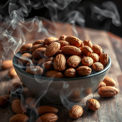 Camel Nuts Singapore smoked almonds – Bowl of almonds surrounded by aromatic smoke.