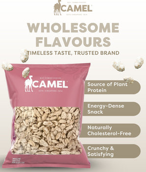 A bag of 1kg Camel snack sugar peanuts with product benefits on a light background