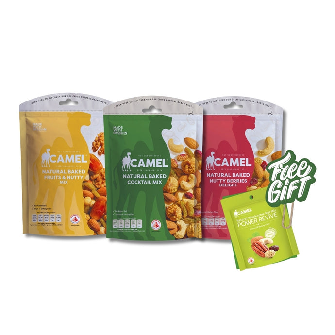 Camel Nuts natural baked snacks packages on a white background