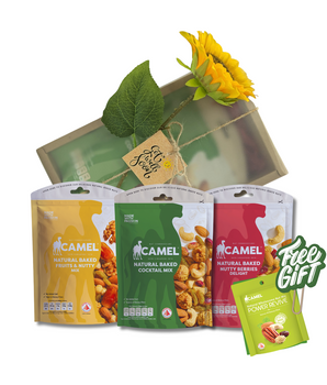 Camel Nuts natural baked snacks with a sunflower and gift tag. Ideal for a Get well soon present!