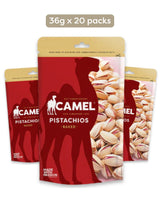 Camel Nuts Bestseller Baked Pistachios in a mini pack on a white background.