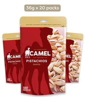 Camel Nuts Bestseller Baked Pistachios in a mini pack on a white background.