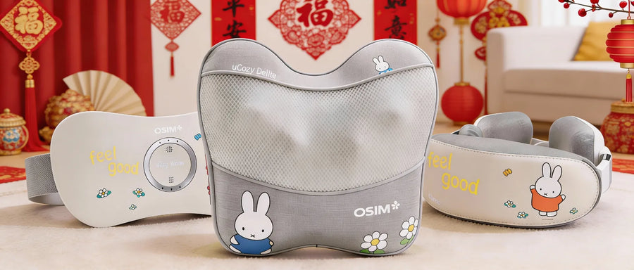 OSIM x Miffy massagers with chinese new year background decorations for Camel nuts giveaway.