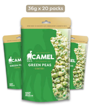 Mini Packs of Camel Nuts Coated Green Peas snacks with green and beige design.