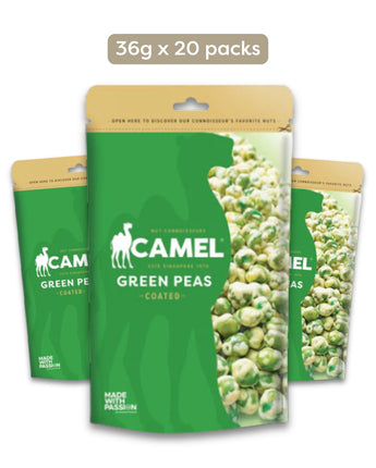 Mini Packs of Camel Nuts Coated Green Peas snacks with green and beige design.