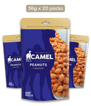 Camel Nuts Cracker Peanuts in mini packs with blue and yellow design on a white background