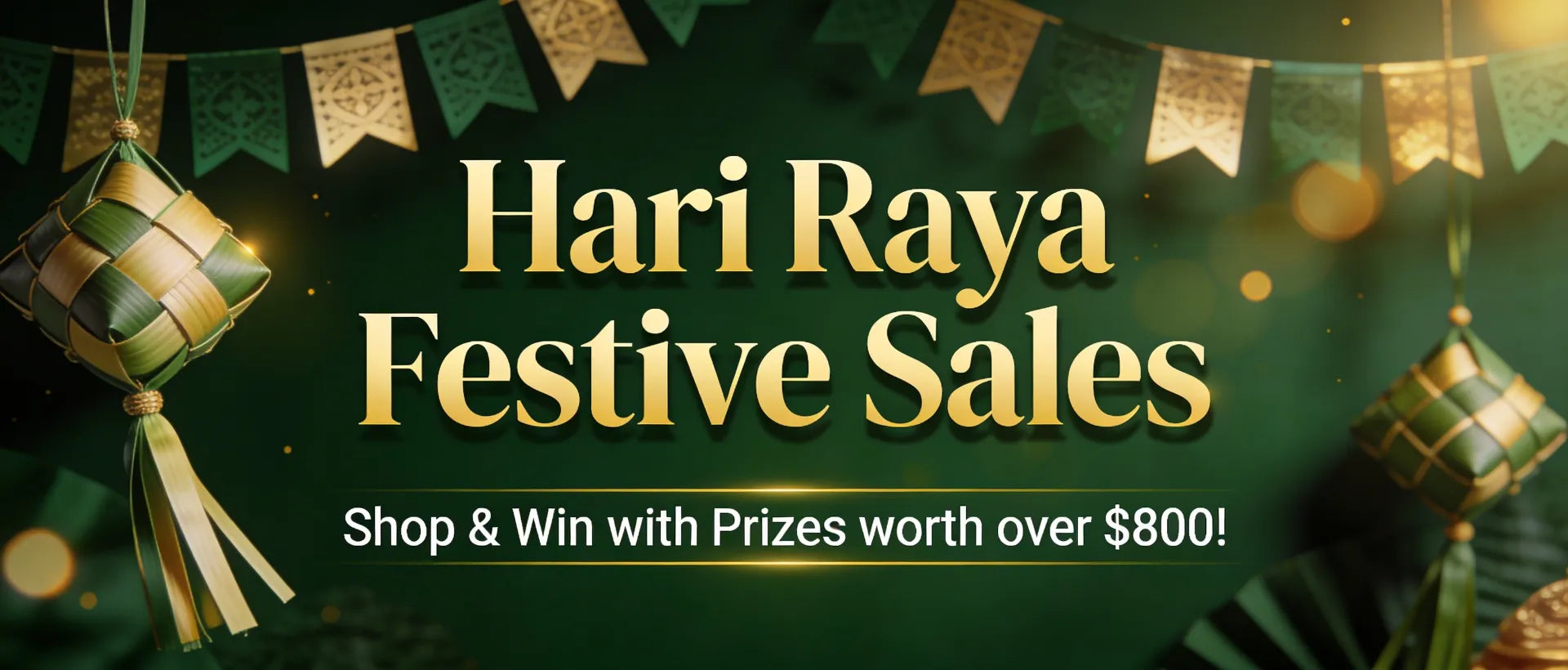 Promotional banner for Hari Raya Festive Sales with gold text on a green background.