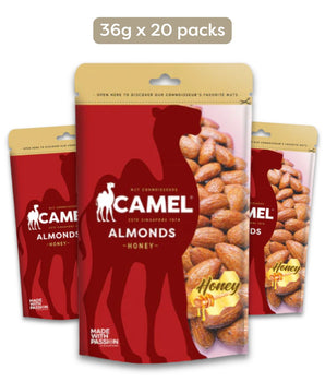 Camel Nuts Honey Almonds in mini packs with a red and gold design on a white background