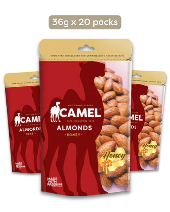 Camel Nuts Honey Almonds in mini packs with a red and gold design on a white background