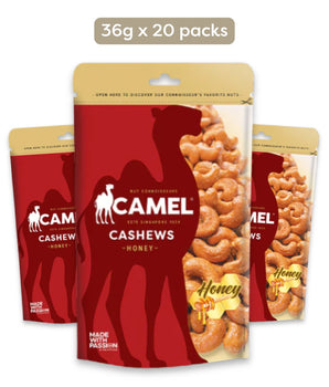Camel Nuts Honey Cashews mini packaging with a red silhouette of a camel on a white background
