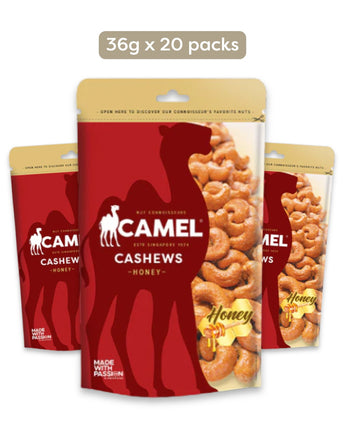 Camel Nuts Honey Cashews mini packaging with a red silhouette of a camel on a white background