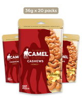 Camel Nuts Honey Cashews mini packaging with a red silhouette of a camel on a white background