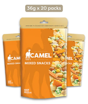 Camel Nuts mixed snacks packaging with an orange background
