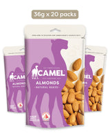Camel Nuts Natural Baked Almonds packaging with purple silhouette of a camel and almonds inside, on a white background.