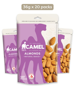 Camel Nuts Natural Baked Almonds packaging with purple silhouette of a camel and almonds inside, on a white background.