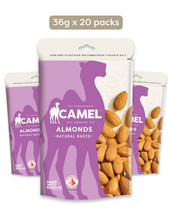 Camel Nuts Natural Baked Almonds packaging with purple silhouette of a camel and almonds inside, on a white background.