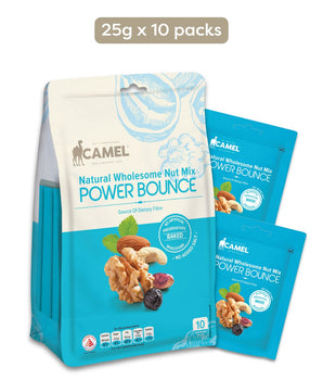 Camel Natural Wholesome Nut Mix Power Bounce packaging with 10 packs of 25g each on a white background.