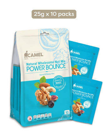 Camel Natural Wholesome Nut Mix Power Bounce packaging with 10 packs of 25g each on a white background.