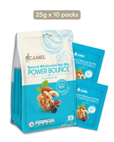Camel Natural Wholesome Nut Mix Power Bounce packaging with 10 packs of 25g each on a white background.