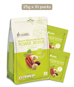 Camel Nuts Natural Wholesome Nut Mix Power Revive 250g packaging with mini packs on a white background