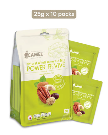 Camel Nuts Natural Wholesome Nut Mix Power Revive 250g packaging with mini packs on a white background