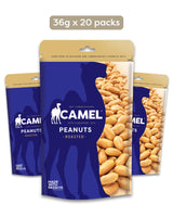 Camel Nuts Roasted Peanuts mini packaging with blue and gold design on a white background