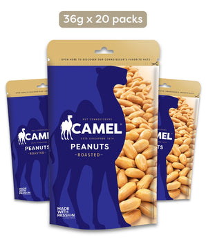Camel Nuts Roasted Peanuts mini packaging with blue and gold design on a white background