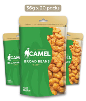 Bundle Packaging of Camel Nuts Satay Broad Beans 36g mini packs on a white background