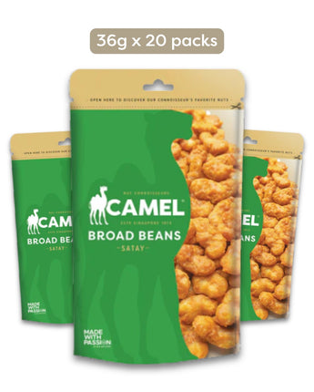 Bundle Packaging of Camel Nuts Satay Broad Beans 36g mini packs on a white background